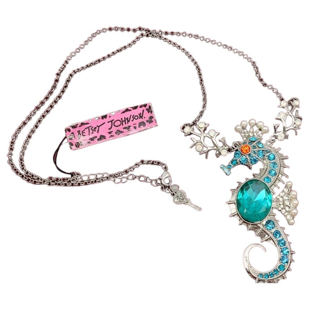 NWT Betsey Johnson Jewelry Large Seahorse Pendant Necklace Crystal Jeweled Crown - Picture 6 of 13